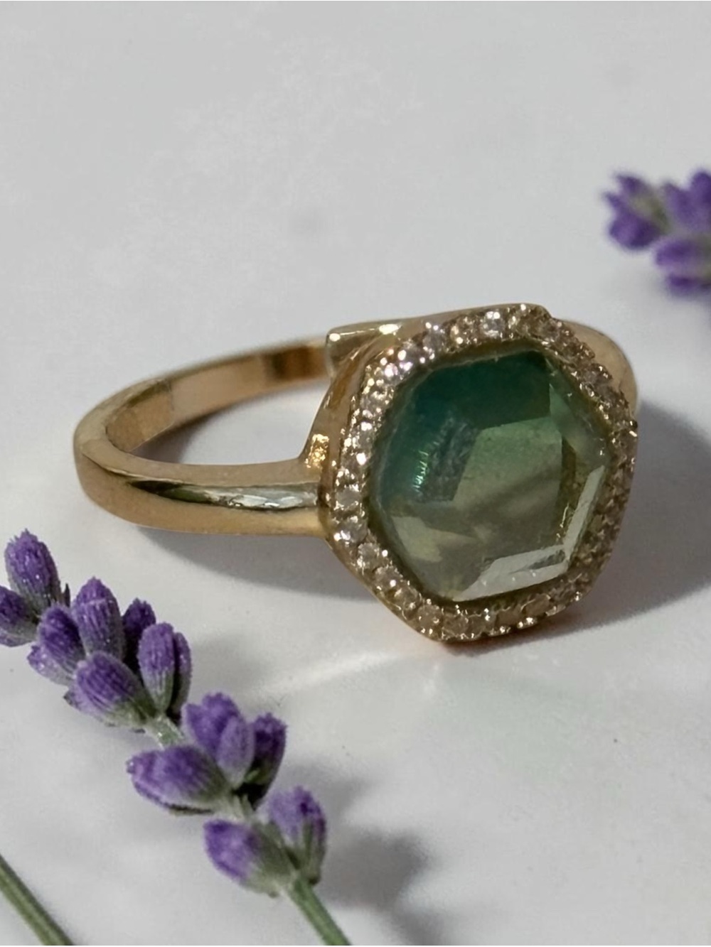 Joy Dravecky Gold Plated Green Hexagonal Crystal & Pavé Halo Ring Adjustable